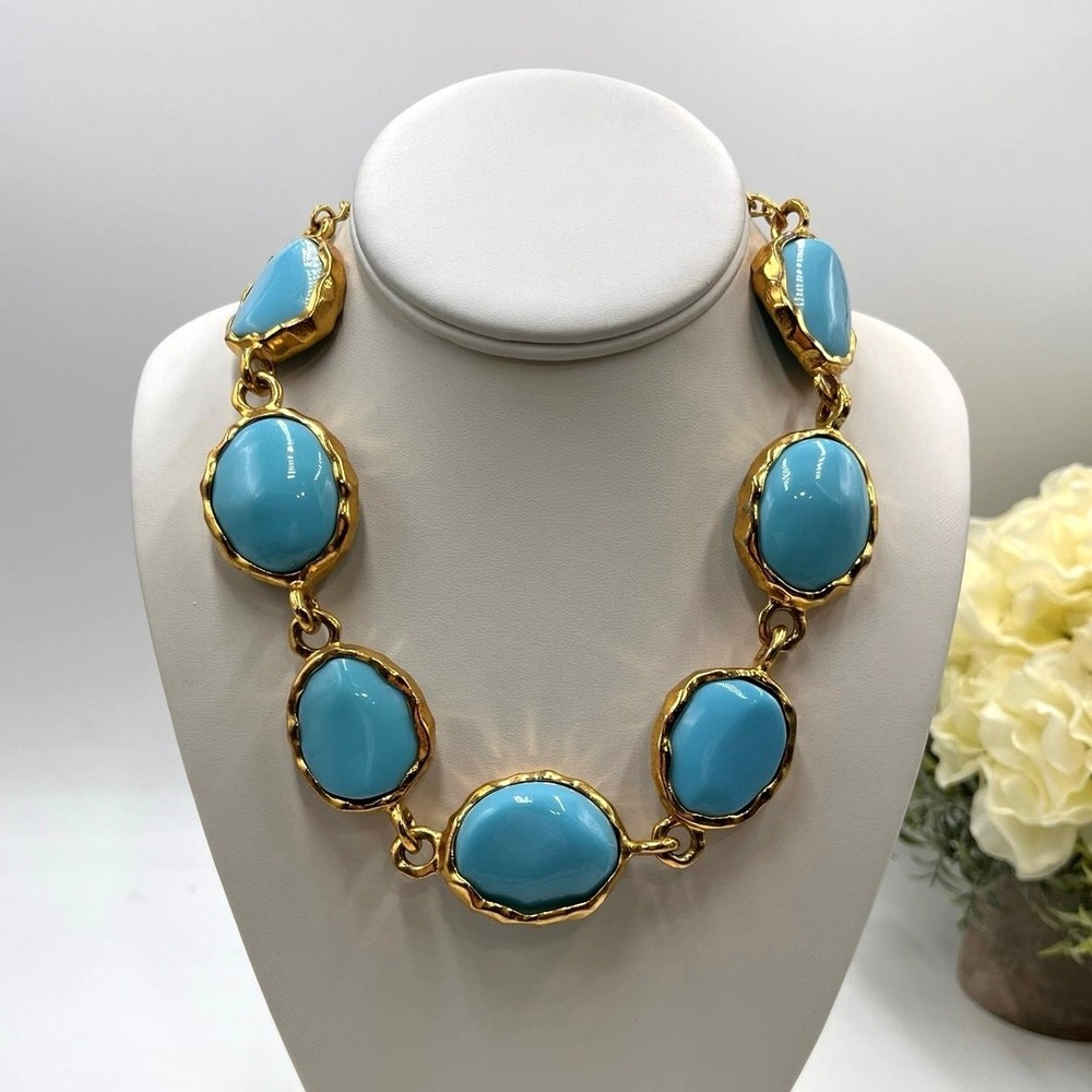 KENNETH LANE Gold Tone Large‎ Faux Resin Turquoise Chunky Statement Necklace